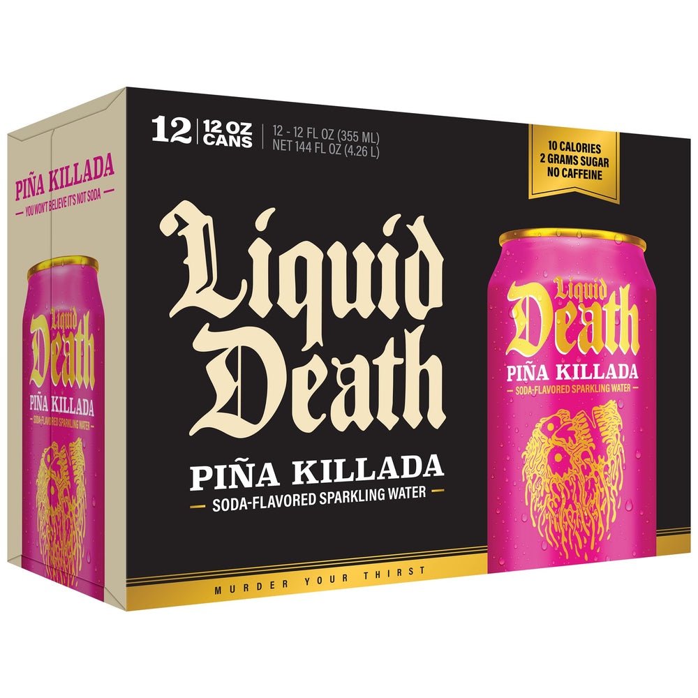 Liquid Death Piña Killada fridge-door display emphasizes grab-and-go tropical flavor