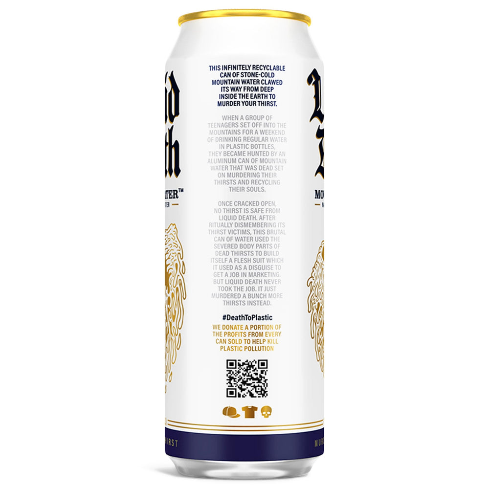 Liquid Death pouring into glass illustrating clear taste and immediate refreshment