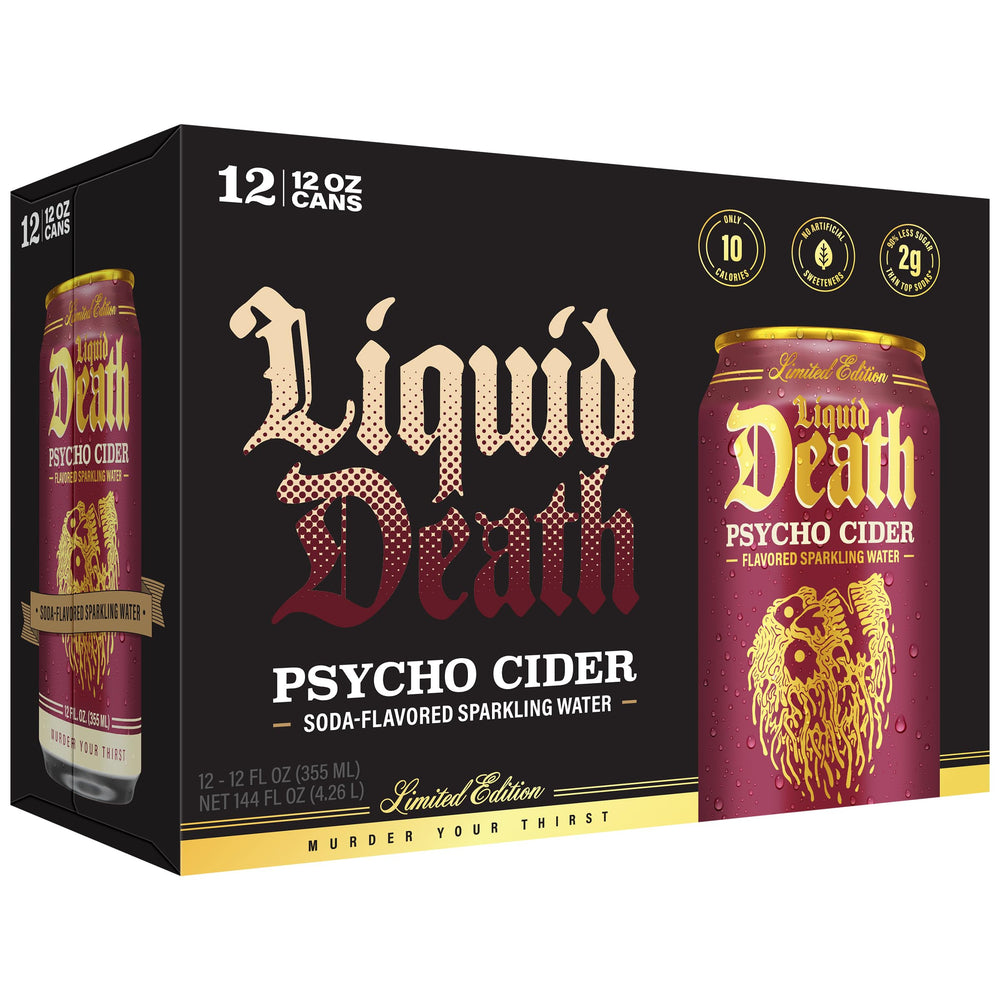 Liquid Death Psycho Cider in an outdoor setting illustrating refreshment on-the-go