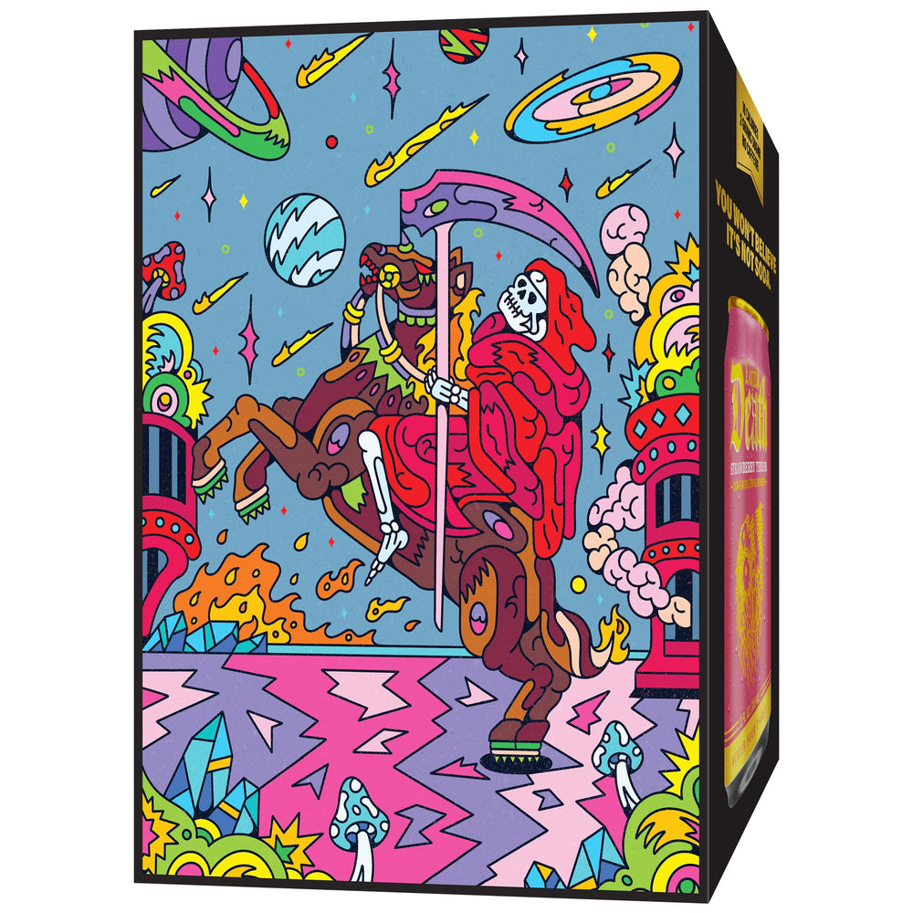 Liquid Death recyclable cans symbol, commitment to sustainability behind bold flavor.