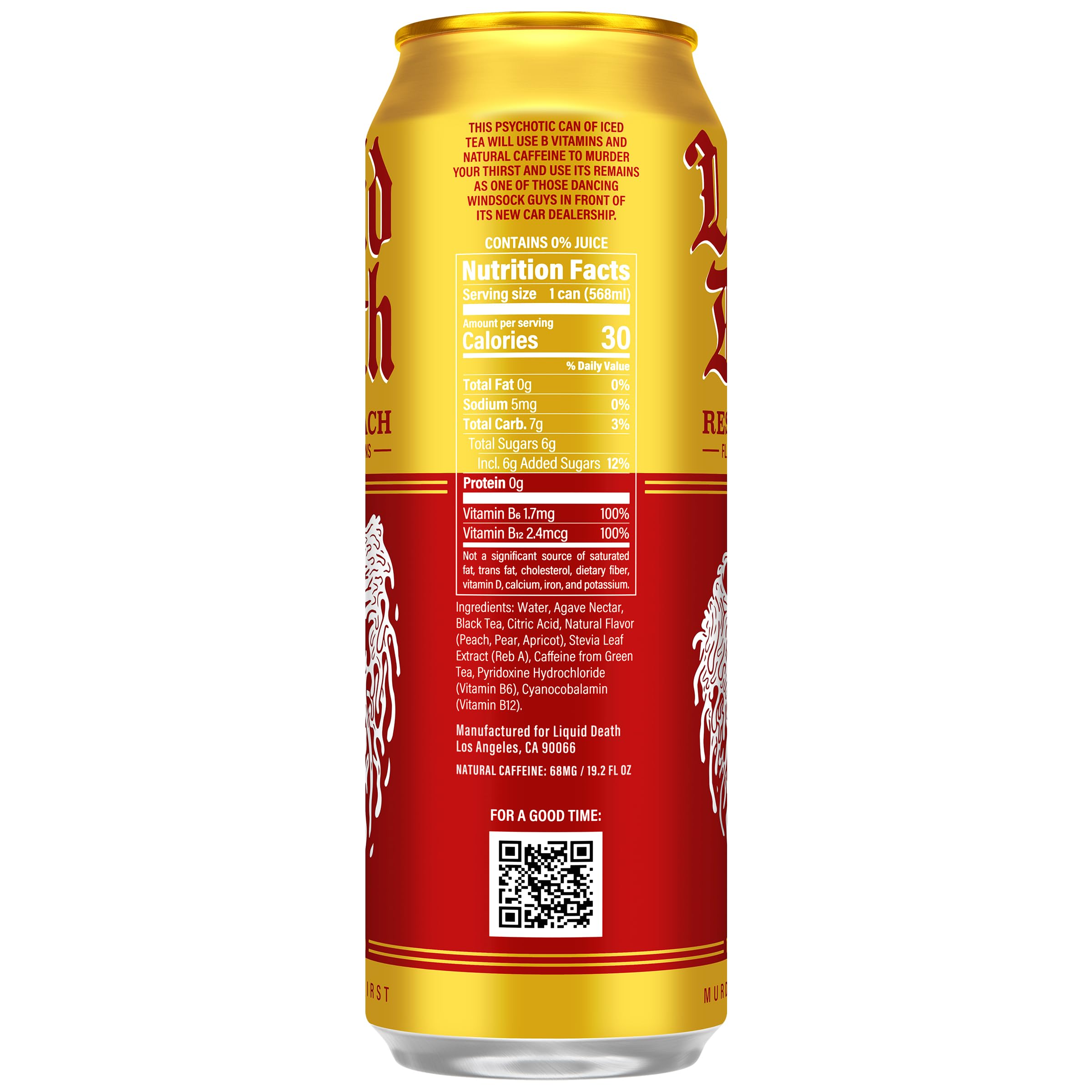 Liquid Death can poured over ice with peach slices showing texture and chill benefit: refreshing flavor