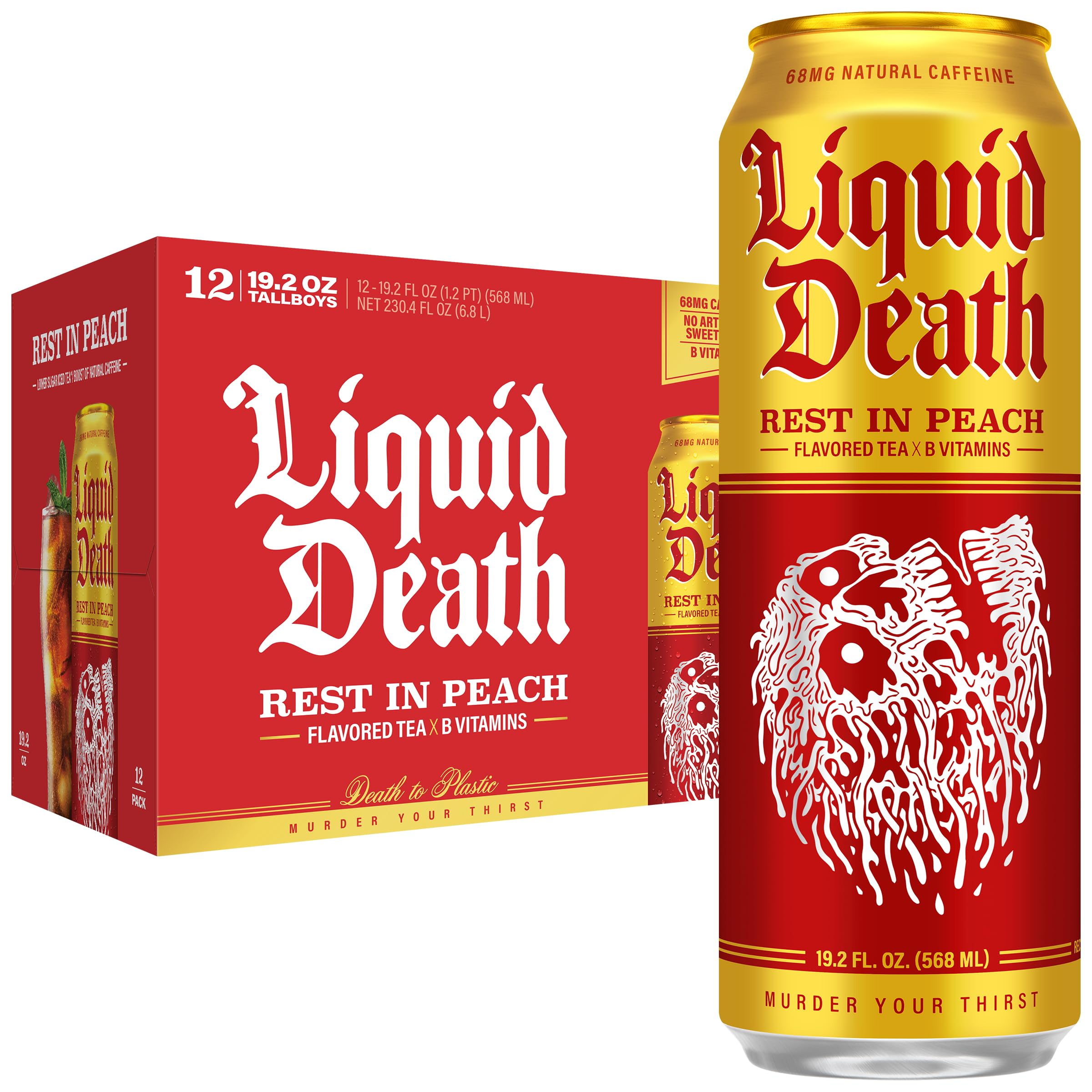 Liquid Death can front view showing Rest In Peach branding and bold design benefit: recyclable packaging