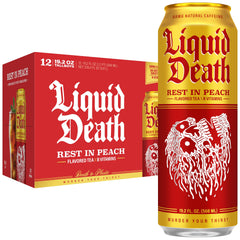 Liquid Death can front view showing Rest In Peach branding and bold design benefit: recyclable packaging