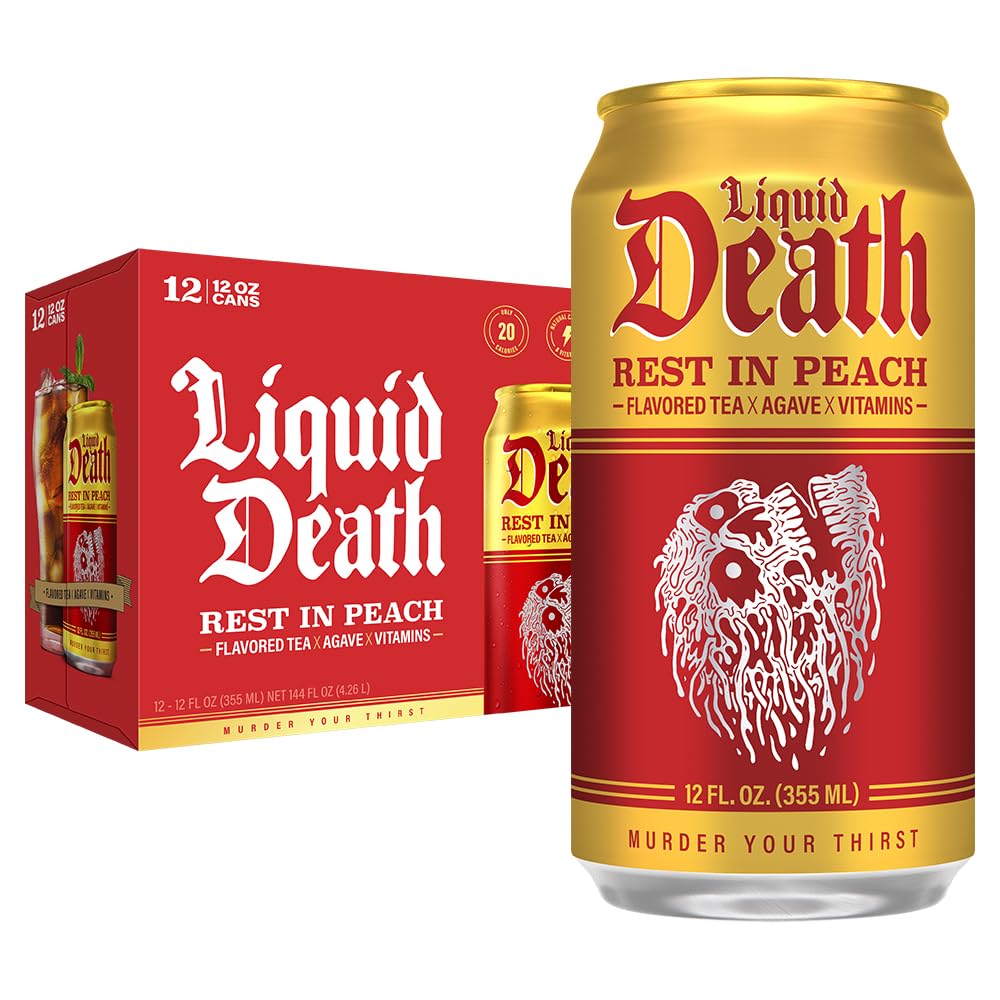 Liquid Death Rest in Peach iced tea can with crisp peach flavor and 75% less sugar.