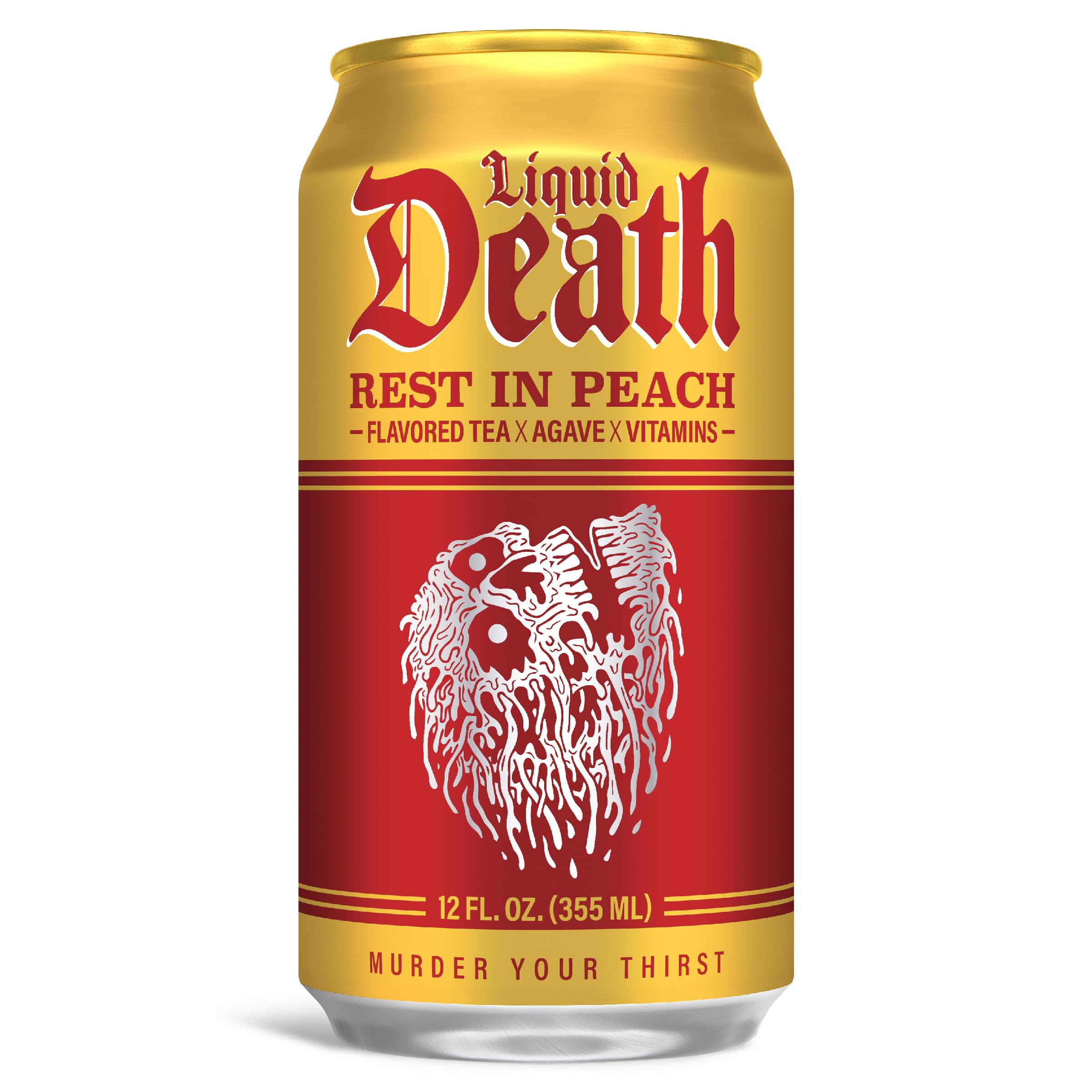 Liquid Death Rest in Peach iced tea being poured into a glass for a refreshing sip.
