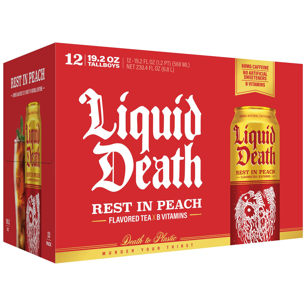 Hand holding a 19.2oz Liquid Death can for scale benefit: generous king-size serving