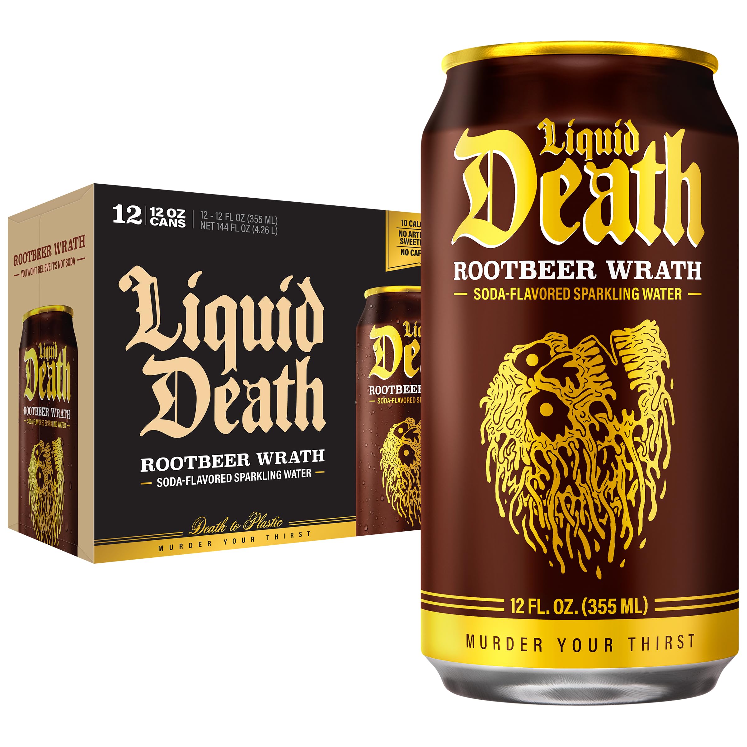 Liquid Death Root Beer Wrath can front view highlights bold flavor and low sugar