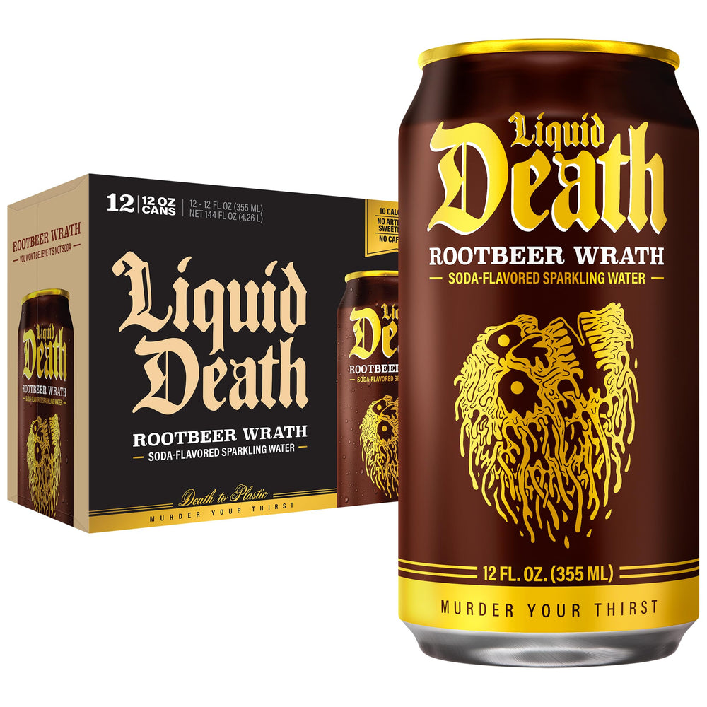 Liquid Death Root Beer Wrath can front view highlights bold flavor and low sugar