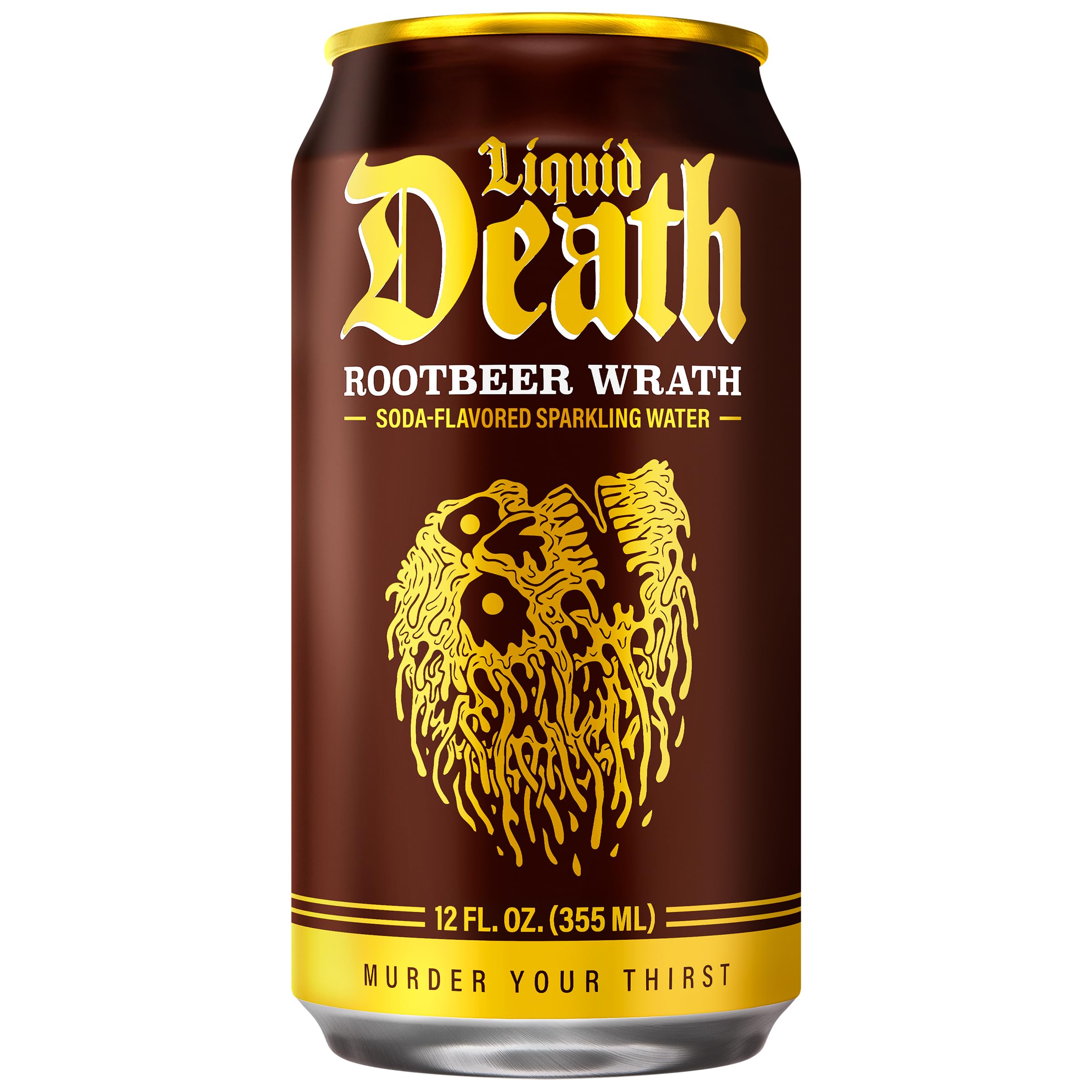 Liquid Death Root Beer Wrath can top view shows caffeine-free refreshment