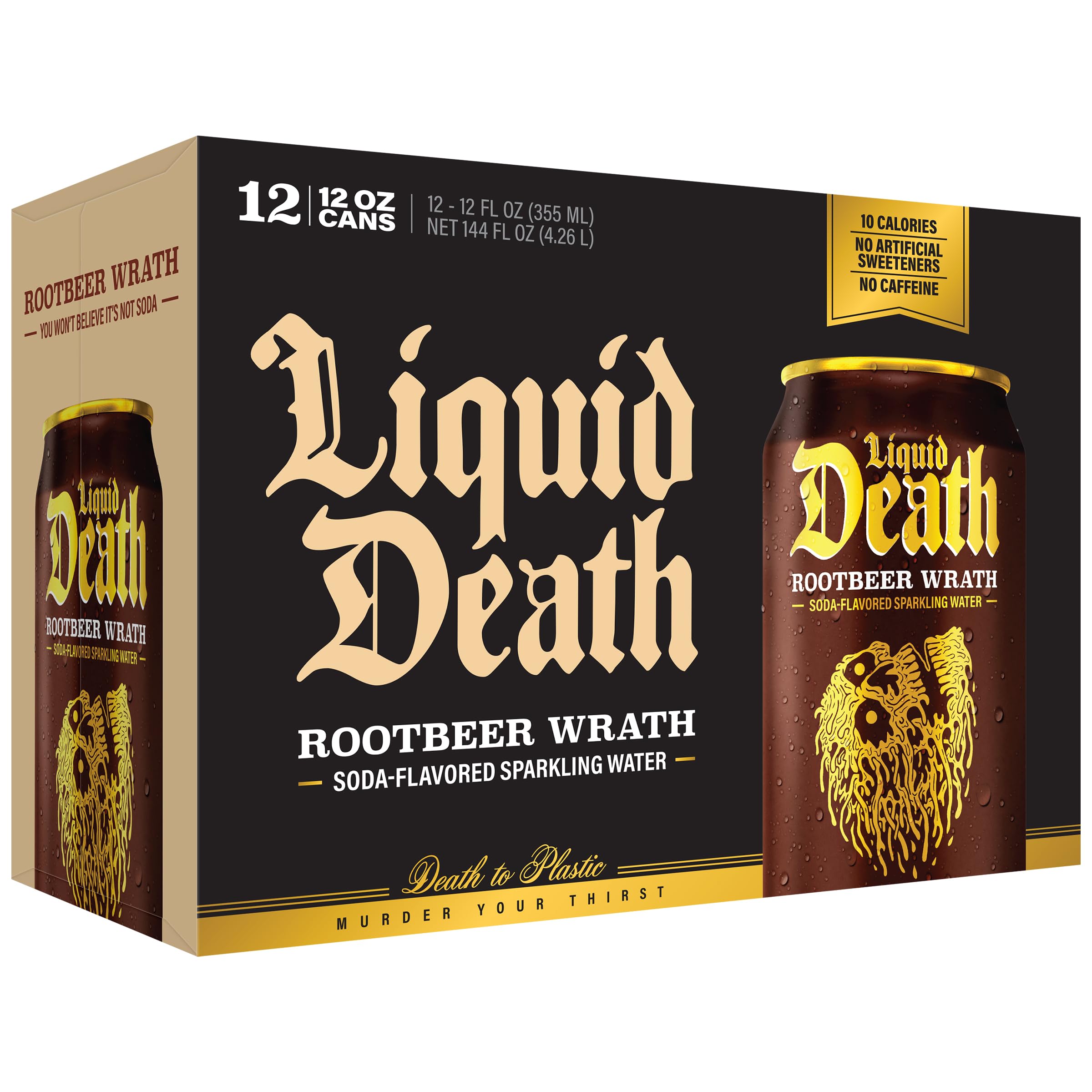 Liquid Death Root Beer Wrath in fridge suggests convenient chilled enjoyment