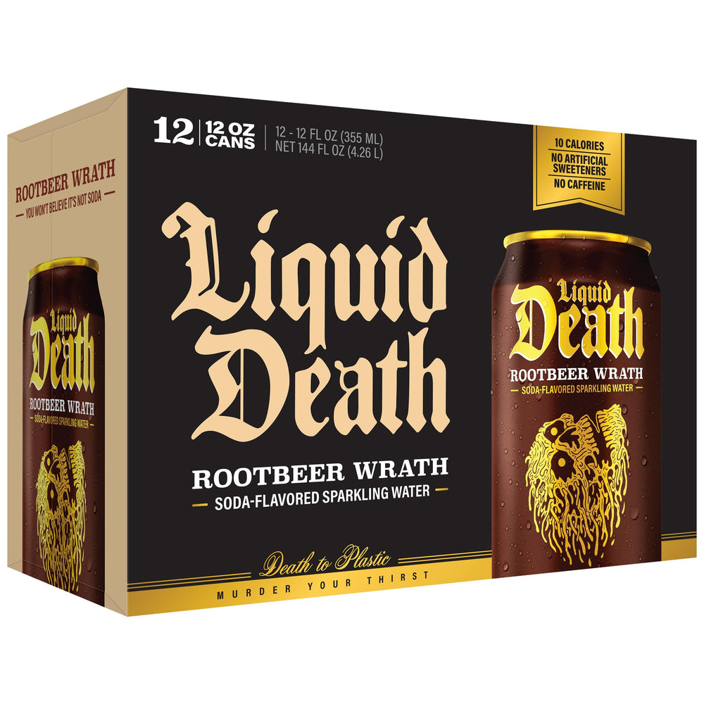 Liquid Death Root Beer Wrath in fridge suggests convenient chilled enjoyment