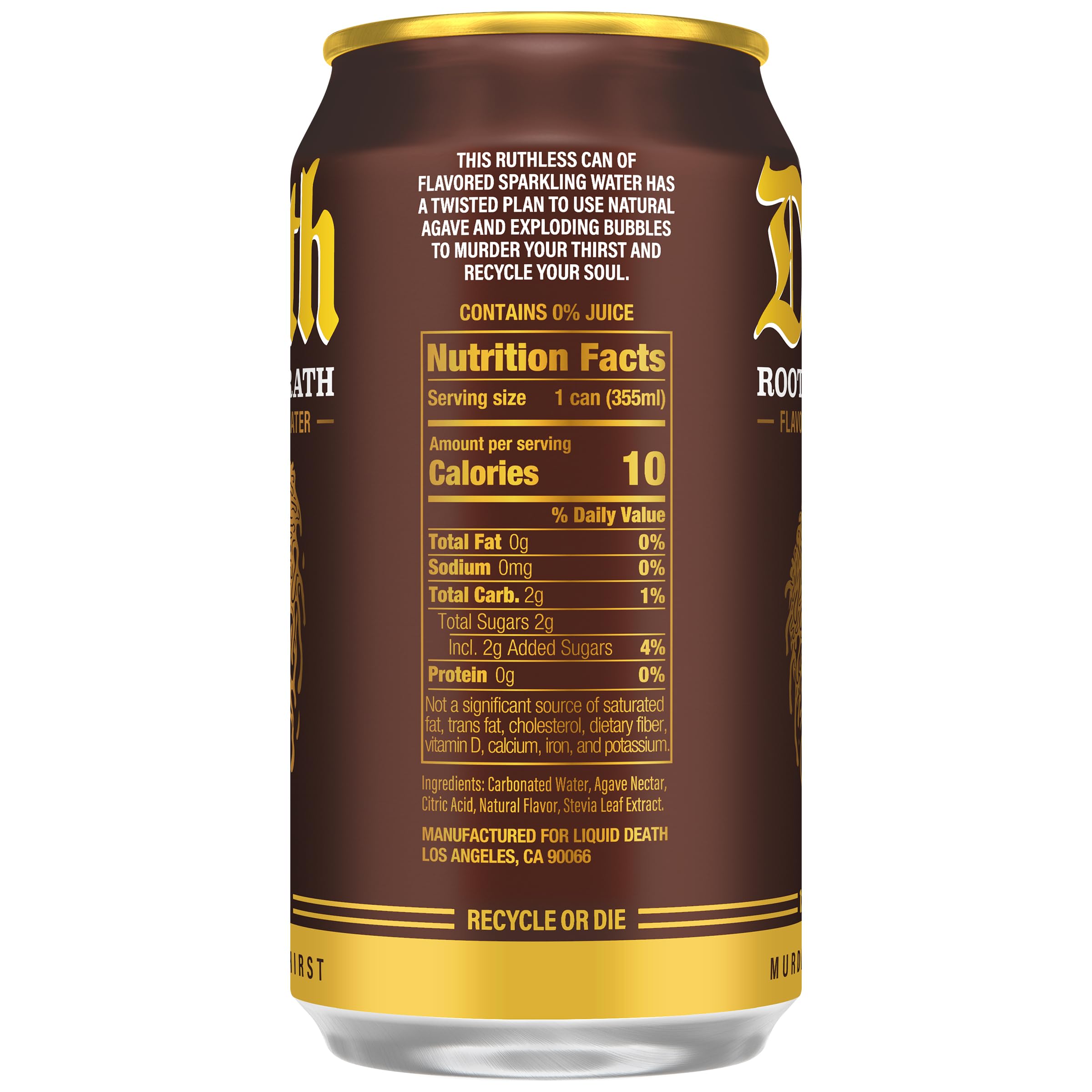 Liquid Death Root Beer Wrath label detail emphasizes authentic root beer flavor