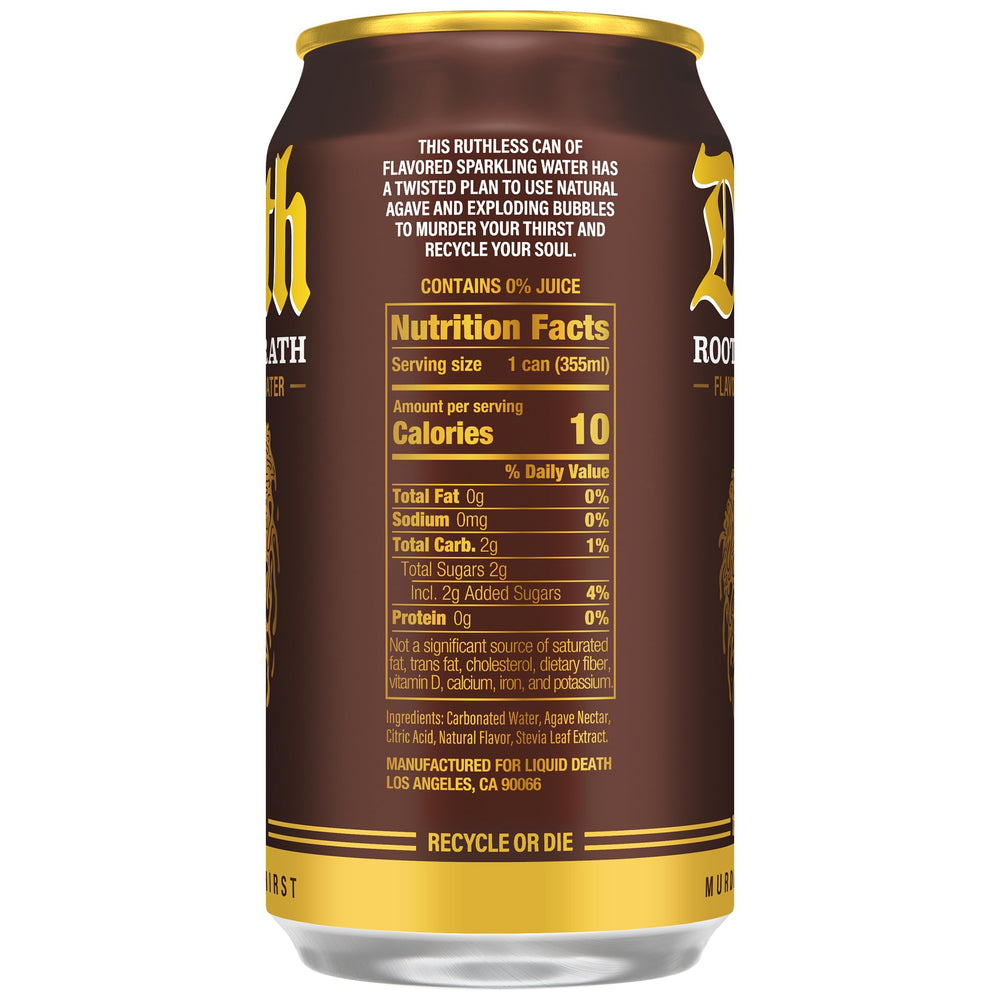 Liquid Death Root Beer Wrath label detail emphasizes authentic root beer flavor