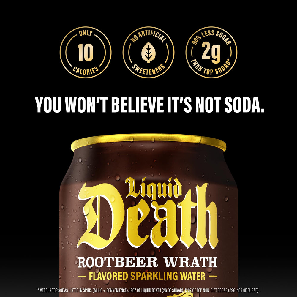 Liquid Death Root Beer Wrath 12oz pack shows recyclable cans