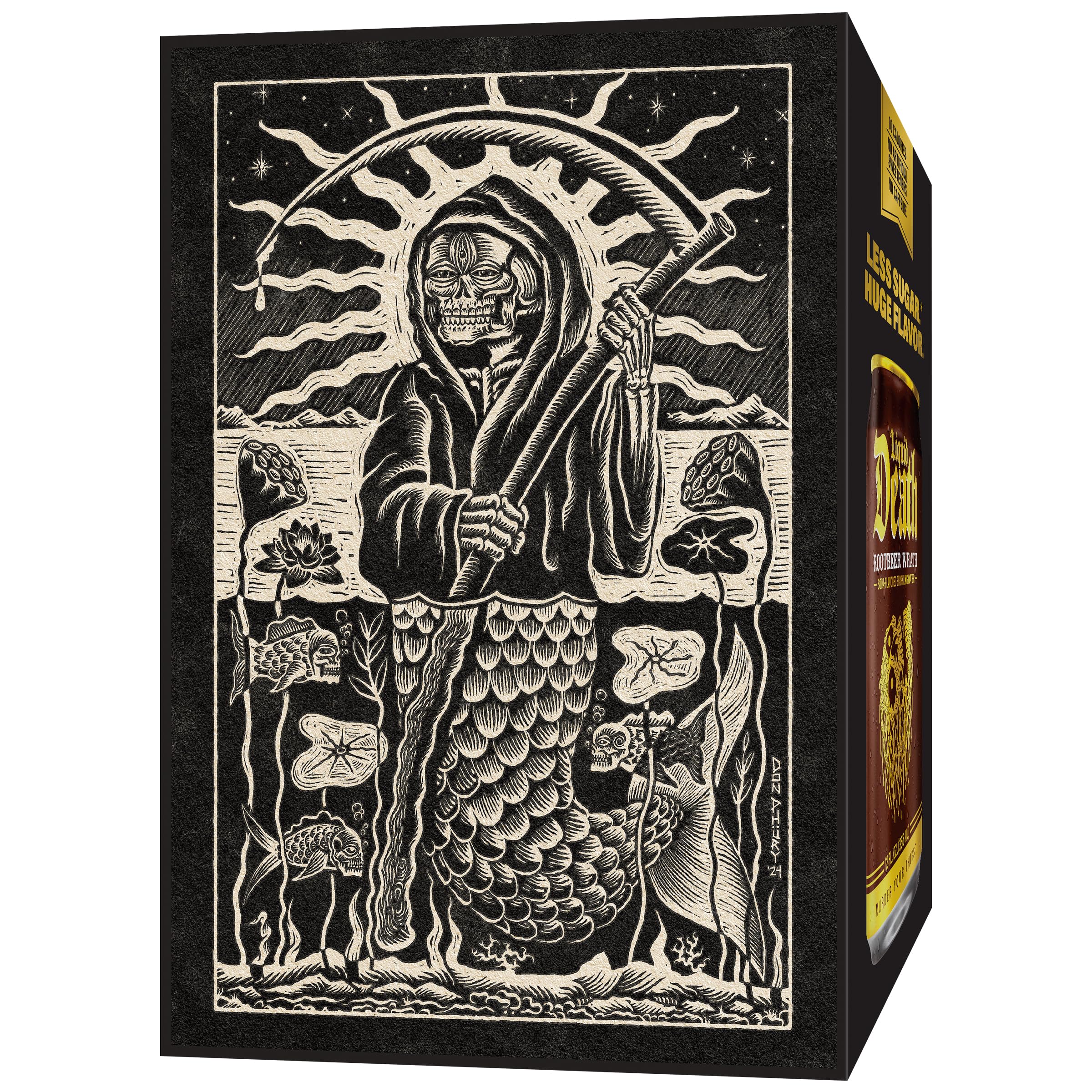Liquid Death Root Beer Wrath shelf display features bold branding and grab-and-go appeal
