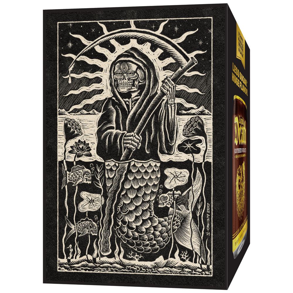Liquid Death Root Beer Wrath shelf display features bold branding and grab-and-go appeal