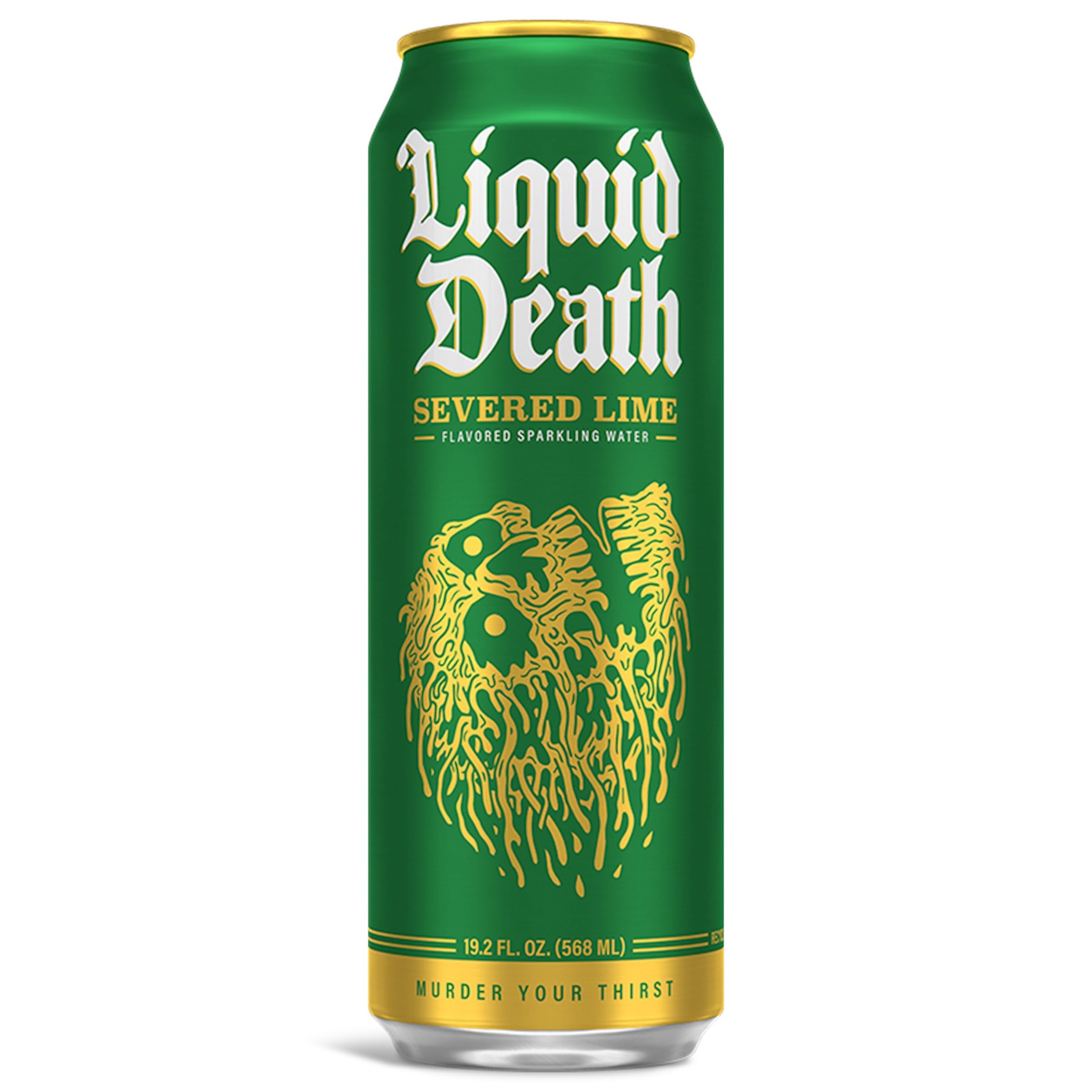 Liquid Death Severed Lime close-up of can texture highlighting vivid graphics and fizz