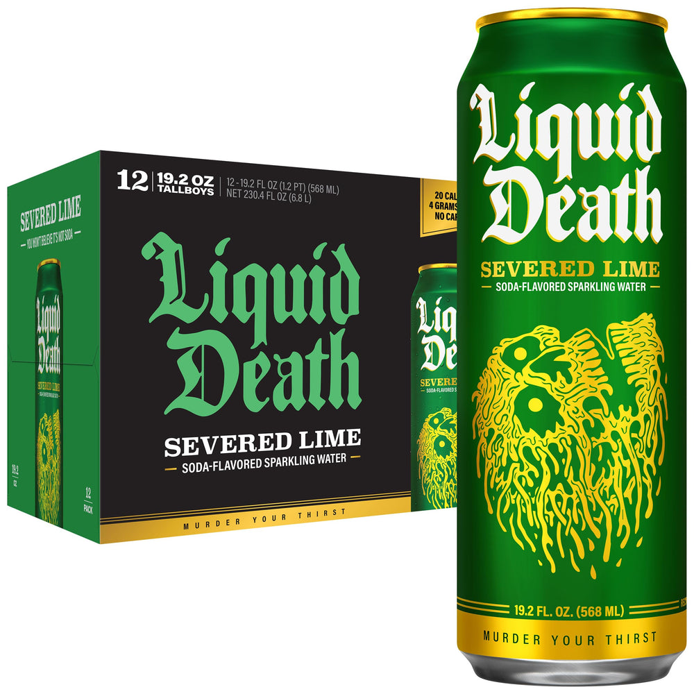 Liquid Death Severed Lime can closeup highlighting bold lime flavor.