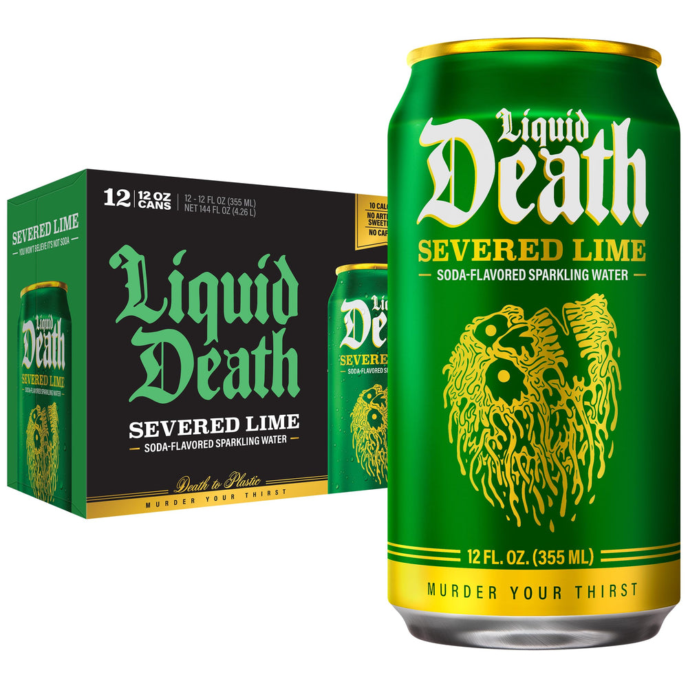 Liquid Death Severed Lime can front view showing bold lime flavor appeal