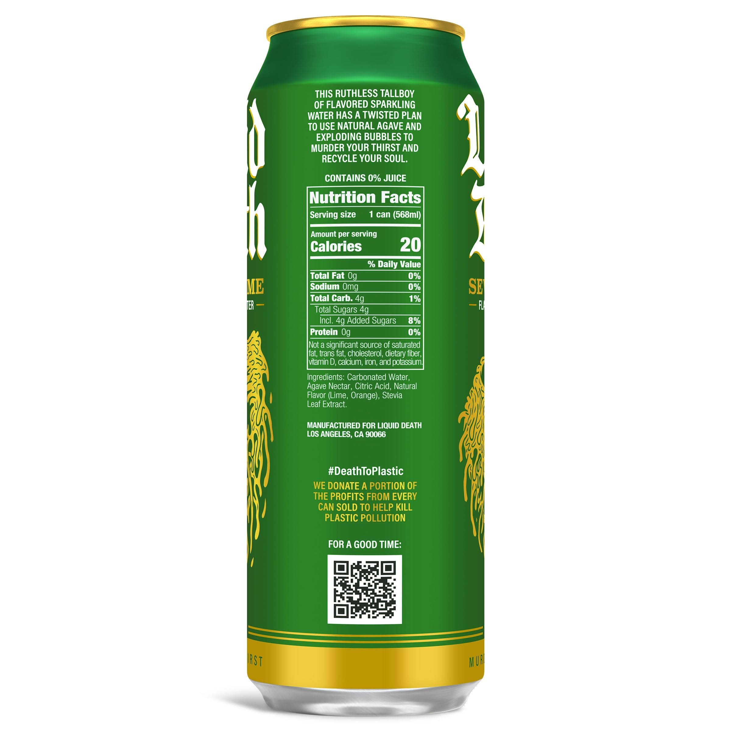 Liquid Death Severed Lime can tilted view emphasizing soda-style taste.