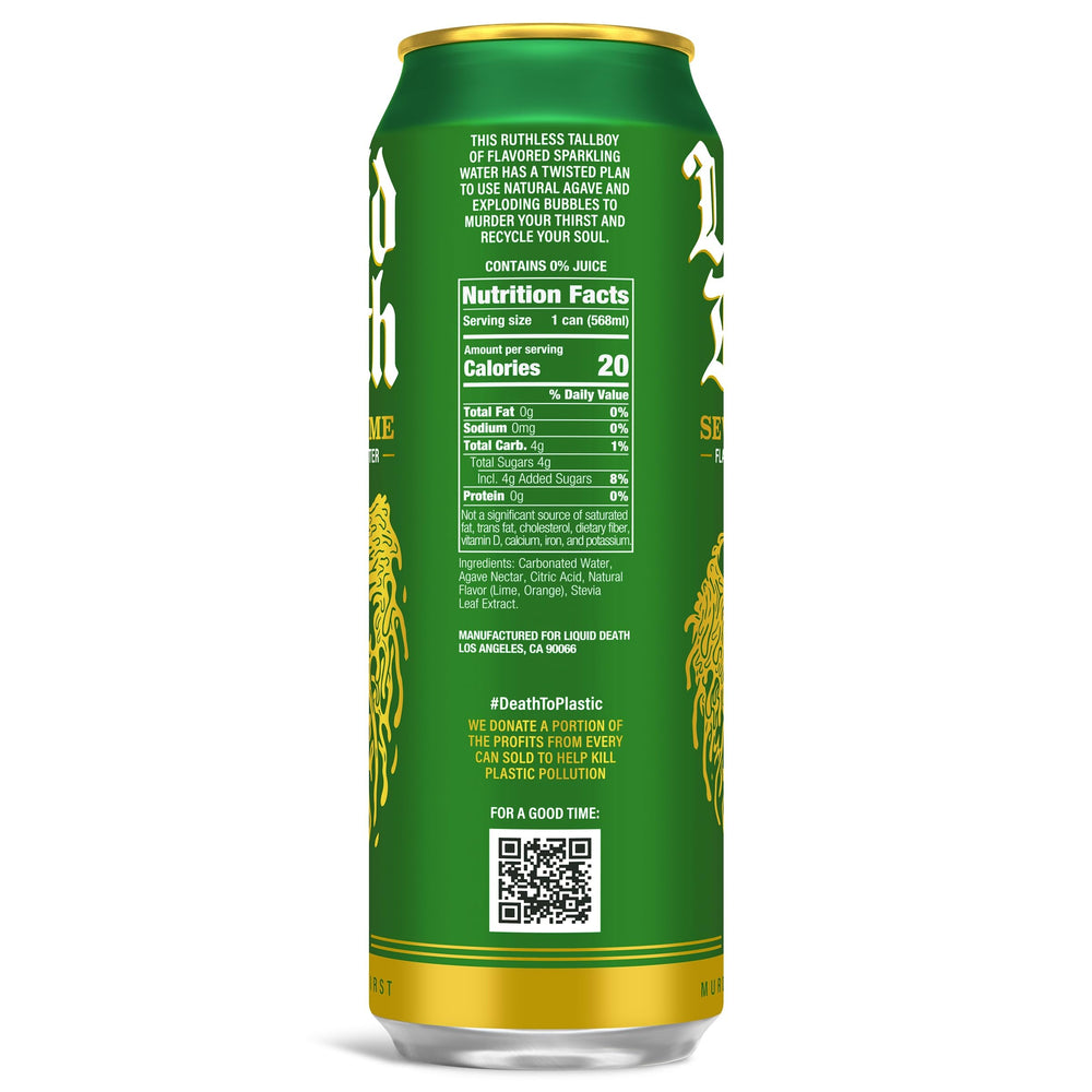 Liquid Death Severed Lime can tilted view emphasizing soda-style taste.