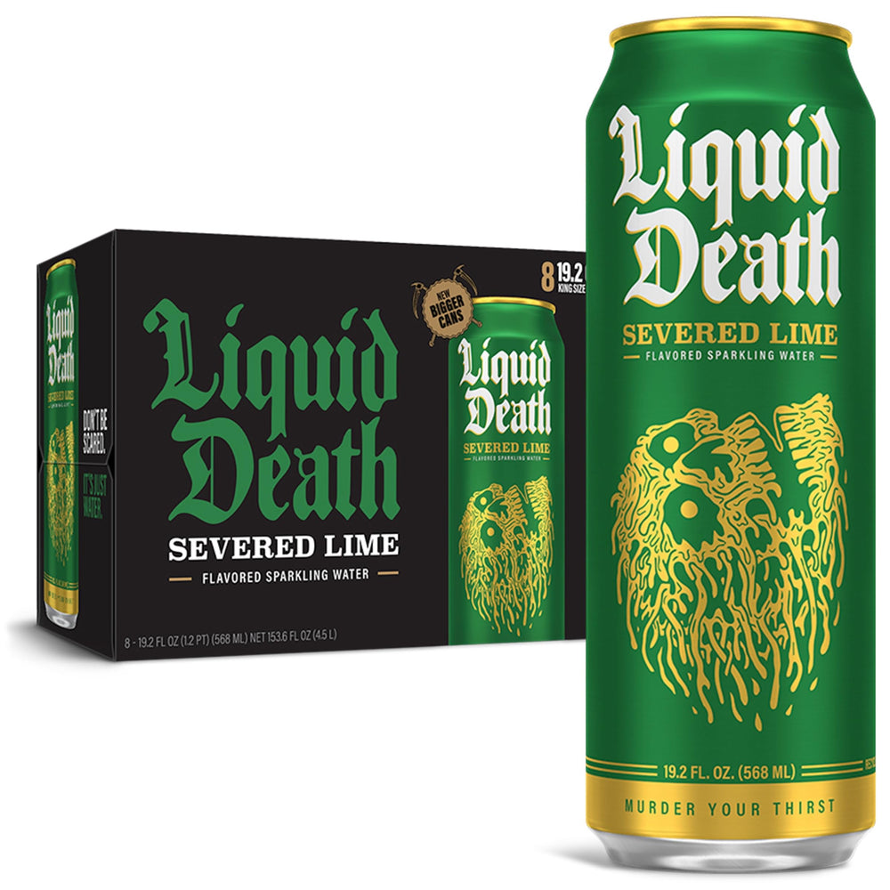 Liquid Death Severed Lime front packaging showing bold lime branding and refreshment