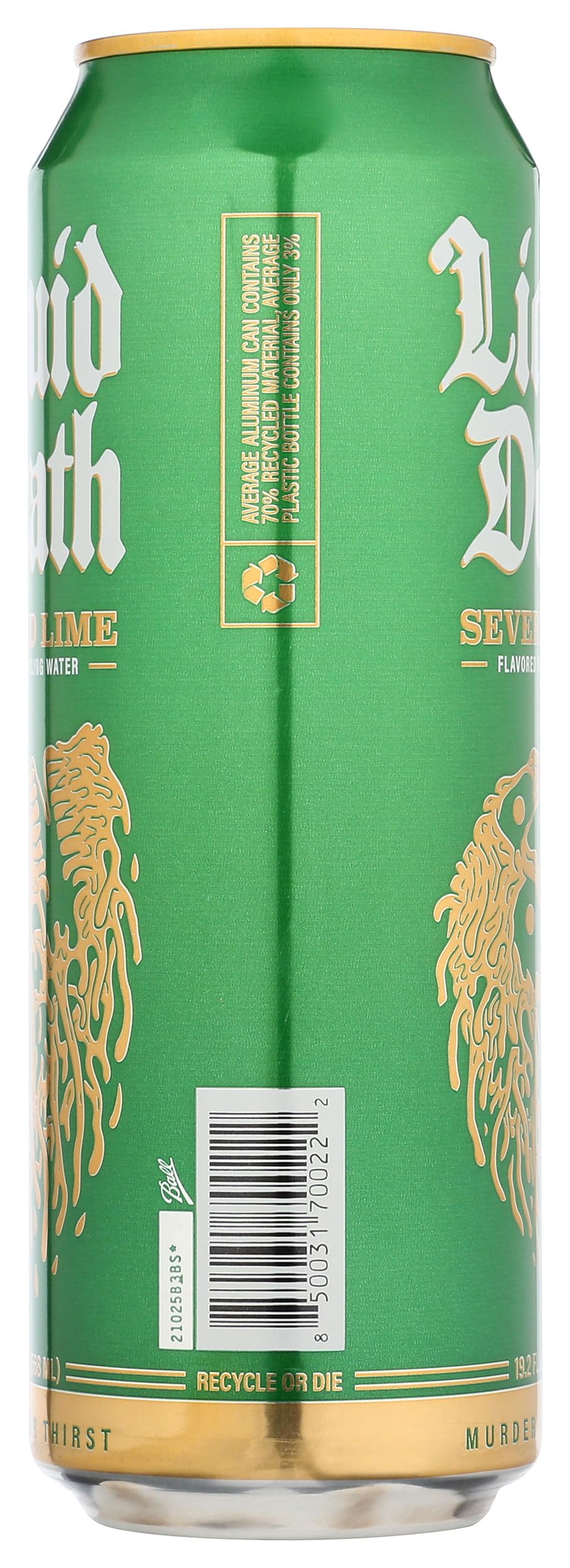 Liquid Death beside standard bottle to show 19.2 fl oz size and long-lasting single serve advantage