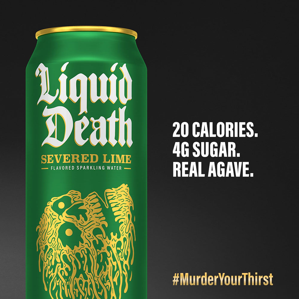 Liquid Death Severed Lime poured into a glass with sparkling bubbles for enjoyable refreshment