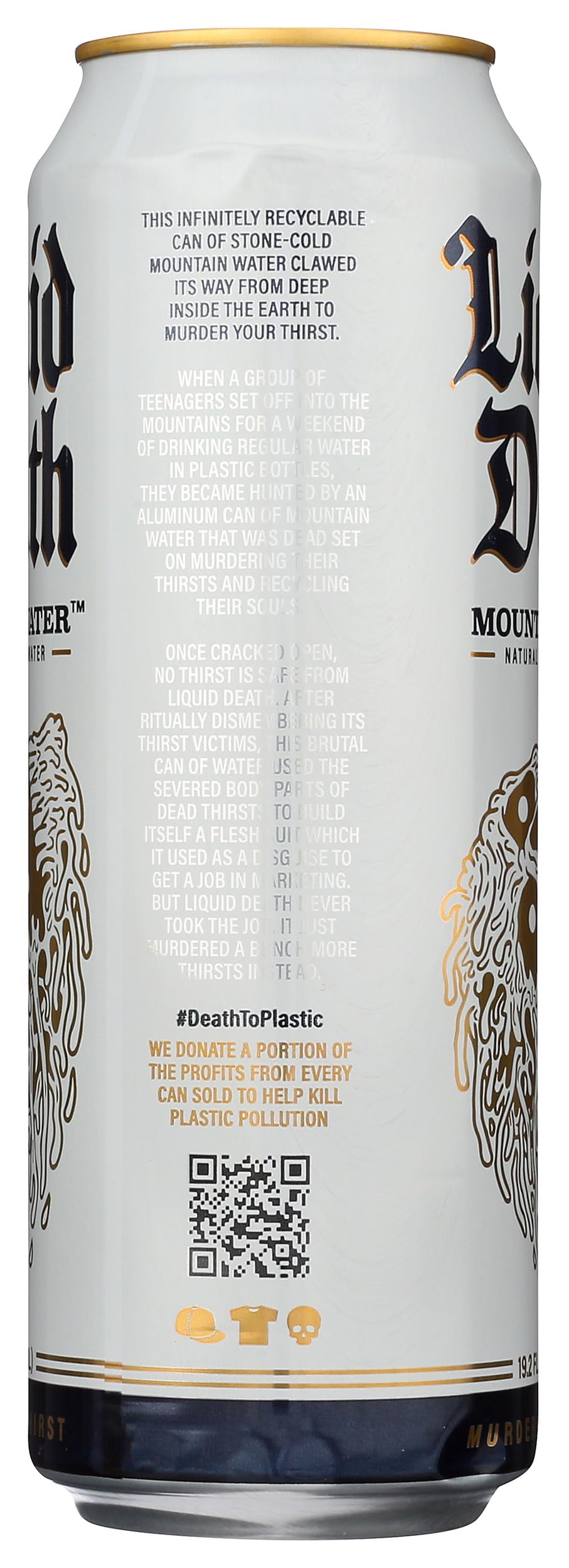Liquid Death next to hand showing 19.2 fl oz size for scale