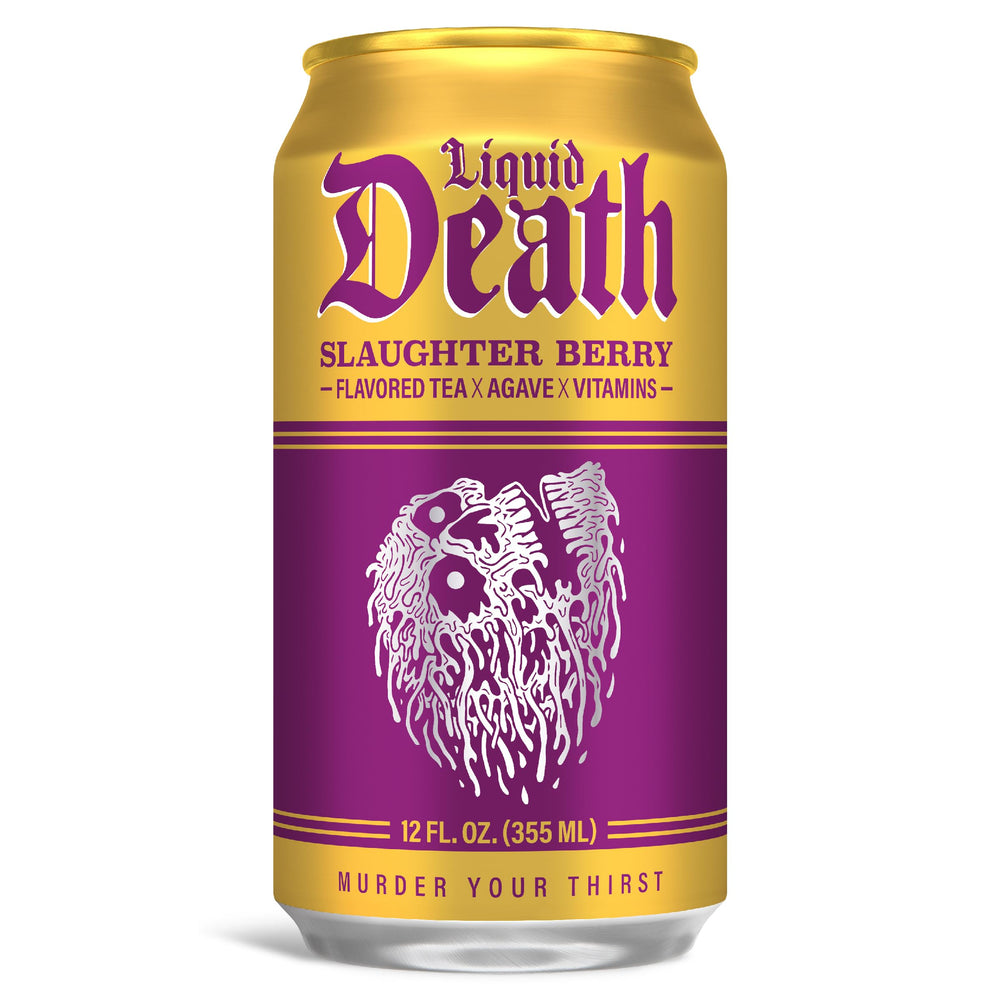 Liquid Death Slaughter Berry bottle beside glass, crisp caffeine boost.