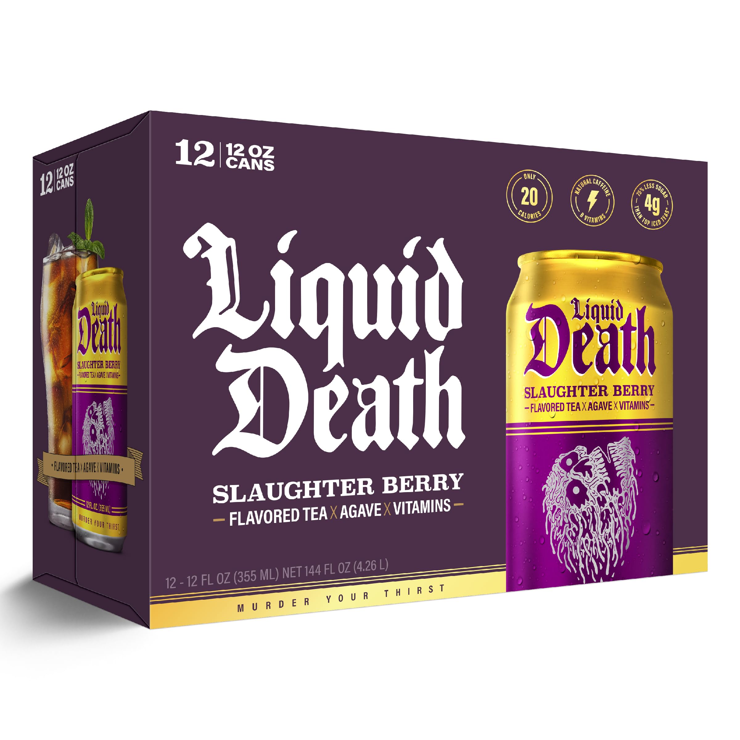 Liquid Death Slaughter Berry can showing caffeine boost note.