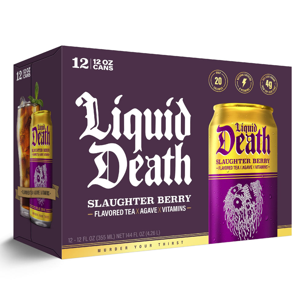 Liquid Death Slaughter Berry can showing caffeine boost note.