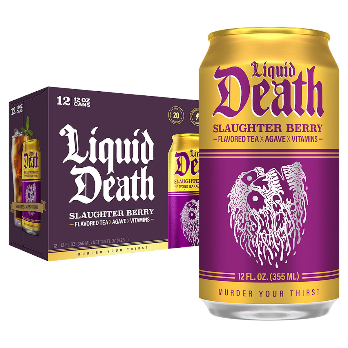 Liquid Death Slaughter Berry can on shelf, bold raspberry flavor, low sugar.