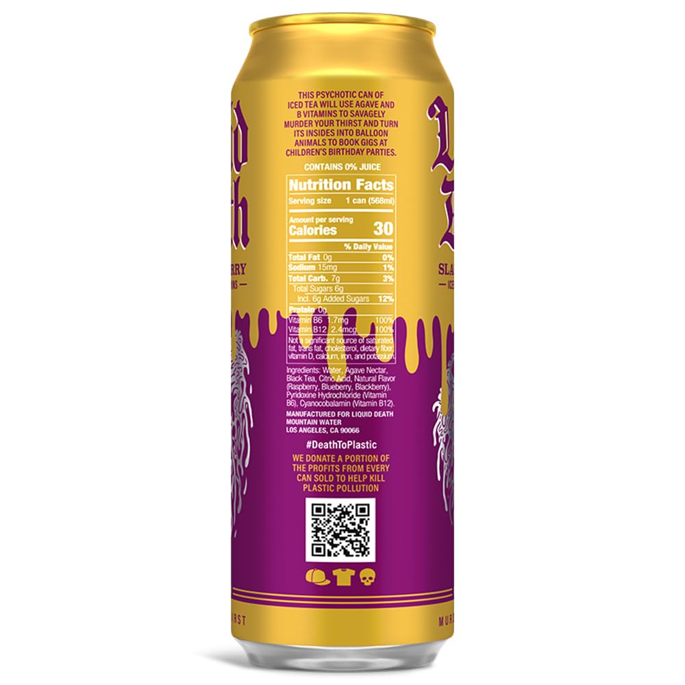 Liquid Death Slaughter Berry iced tea can on ice for a cooling pick-me-up