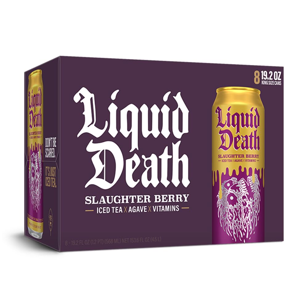 Close-up of Liquid Death Slaughter Berry iced tea highlighting vibrant raspberry notes