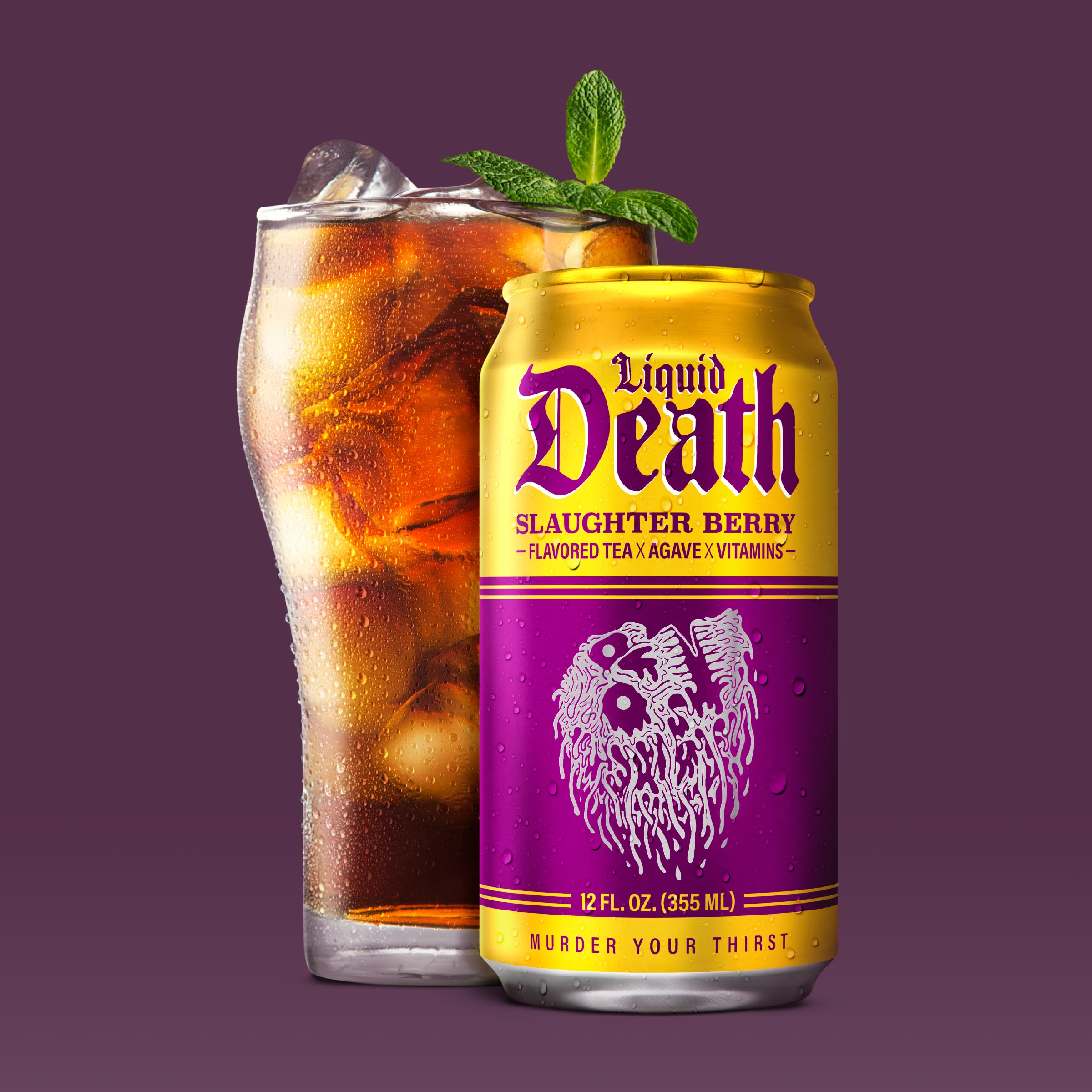 Close-up of Liquid Death Slaughter Berry label art and branding.