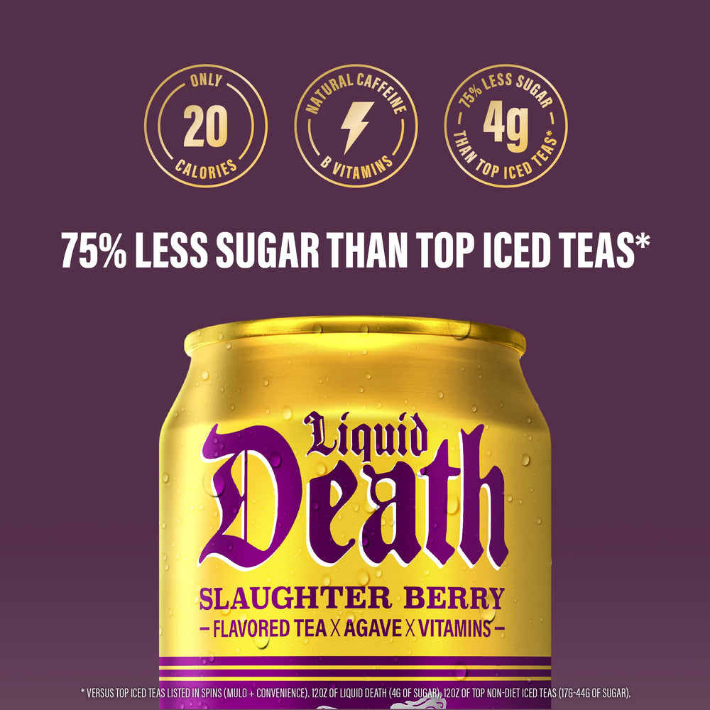 Liquid Death Slaughter Berry 12-pack cans for on-the-go refreshment.
