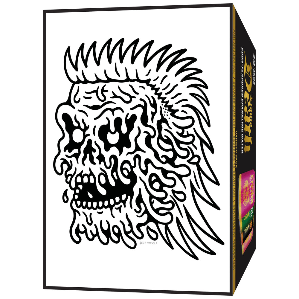 Liquid Death 12-pack cans on a table for convenient gatherings