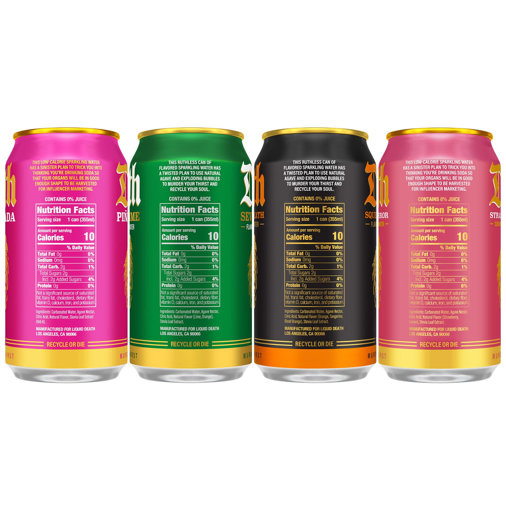 Liquid Death Strawberry Terror can, ripe strawberry with a lemon lift