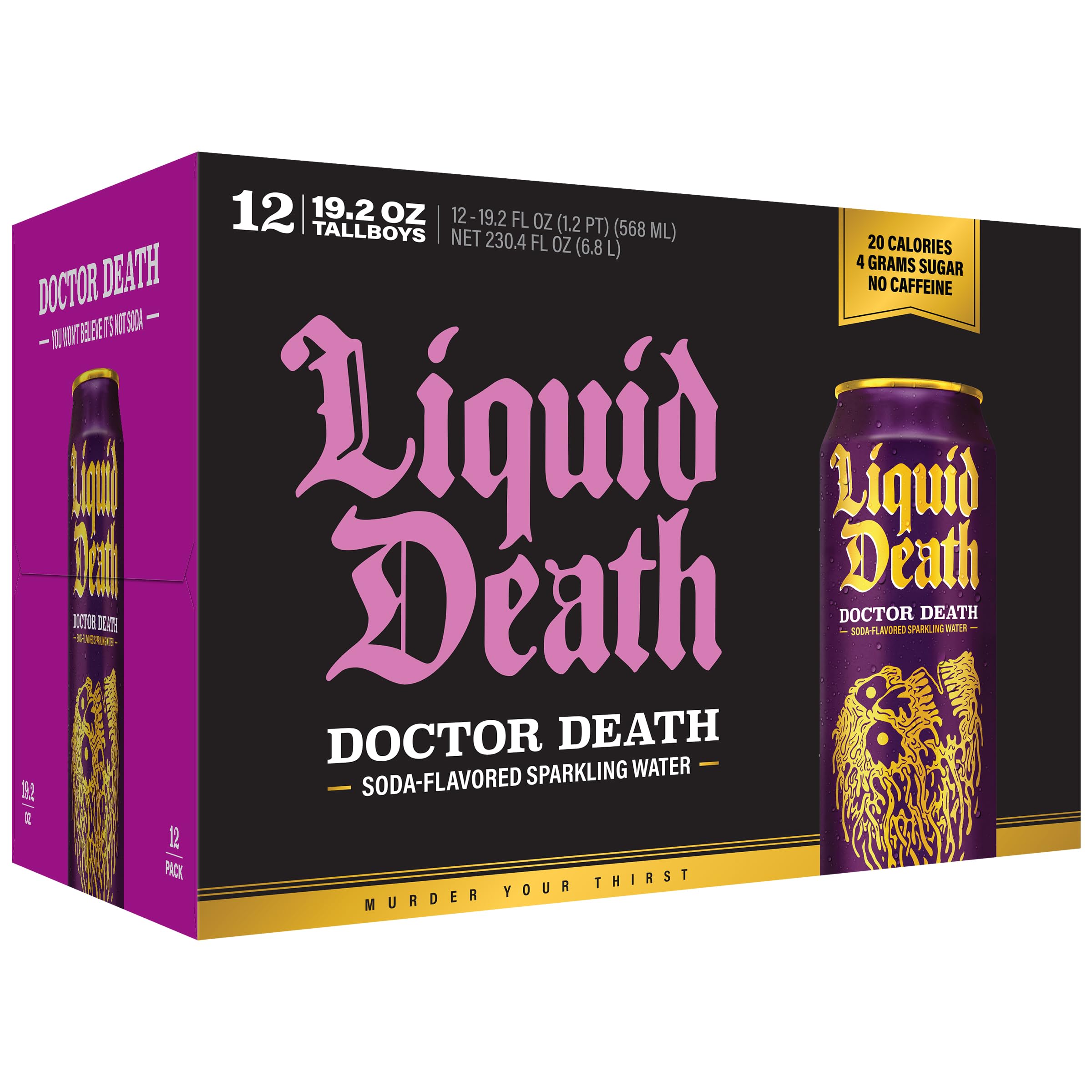 Liquid Death pouring-glass captures the fizzy drama and refreshing aroma.