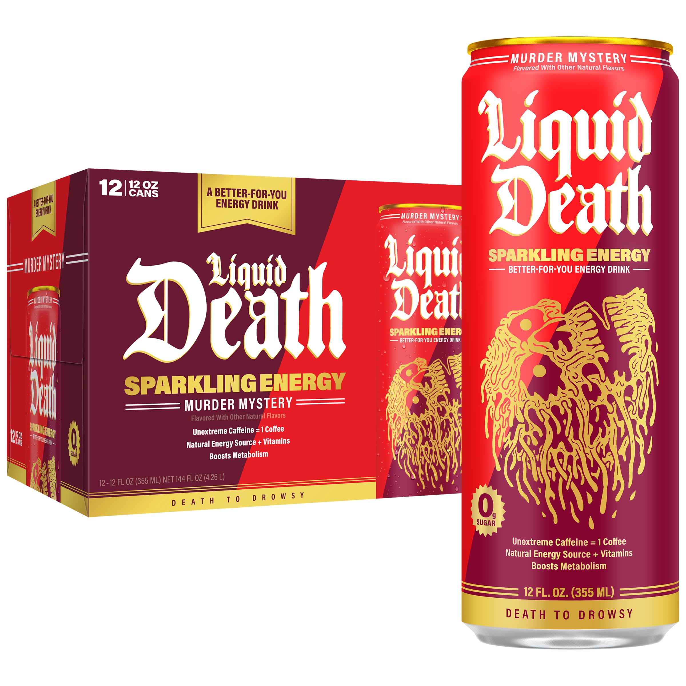 Liquid Death Sparkling Energy Murder Mystery Cherry can for a refreshing daytime lift
