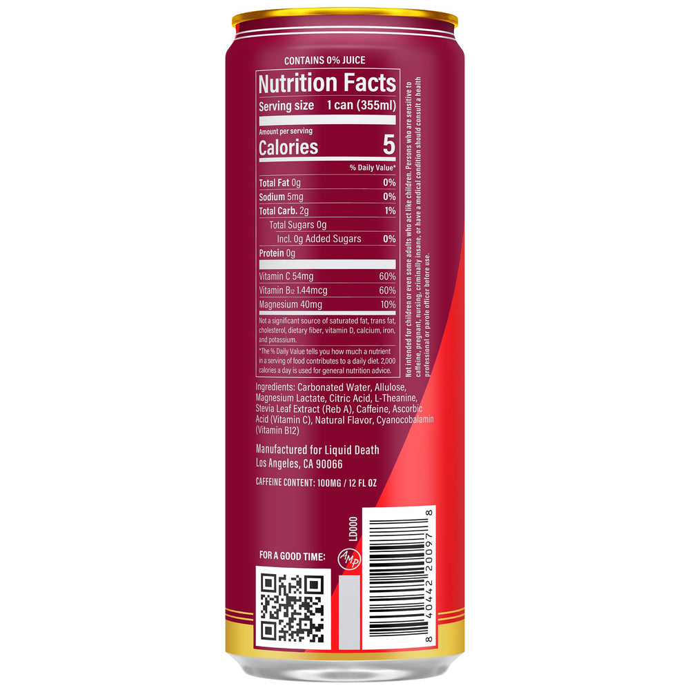 Liquid Death Sparkling Energy Murder Mystery Cream can for smooth flavor and focus