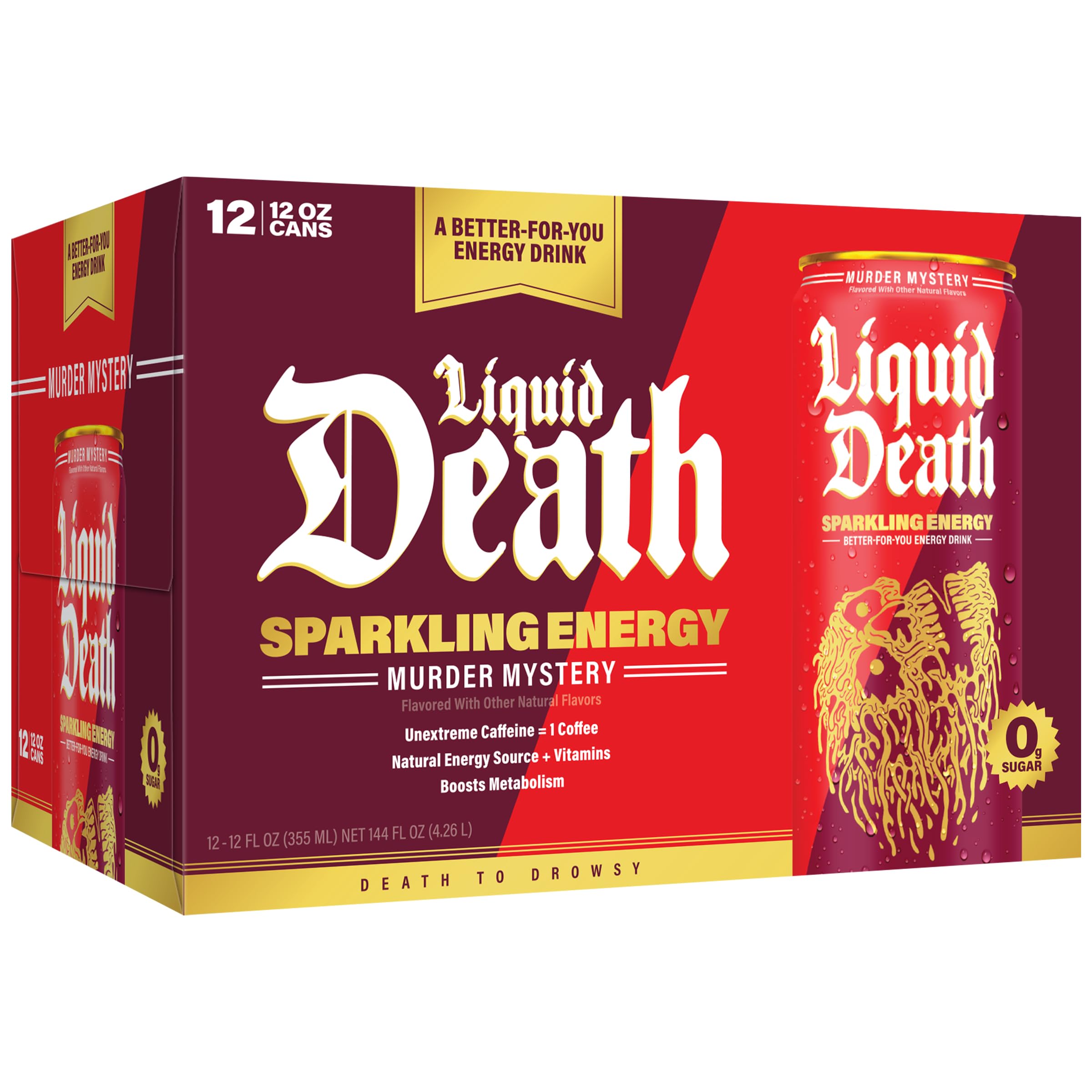 Liquid Death Sparkling Energy Murder Mystery no artificial colors for clean refreshment
