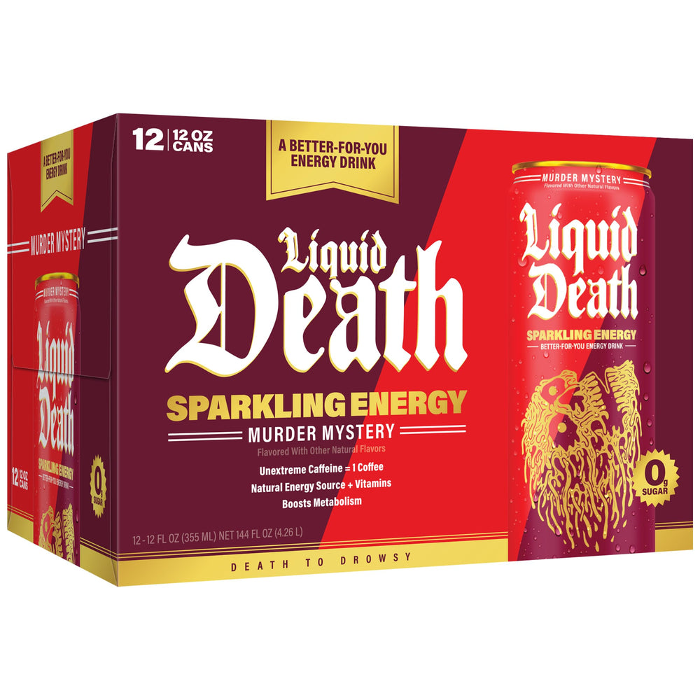 Liquid Death Sparkling Energy Murder Mystery no artificial colors for clean refreshment