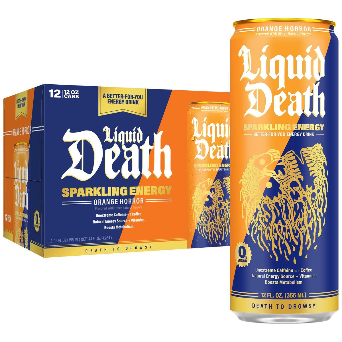 Liquid Death Orange Horror can for a crisp, zero sugar energy boost.