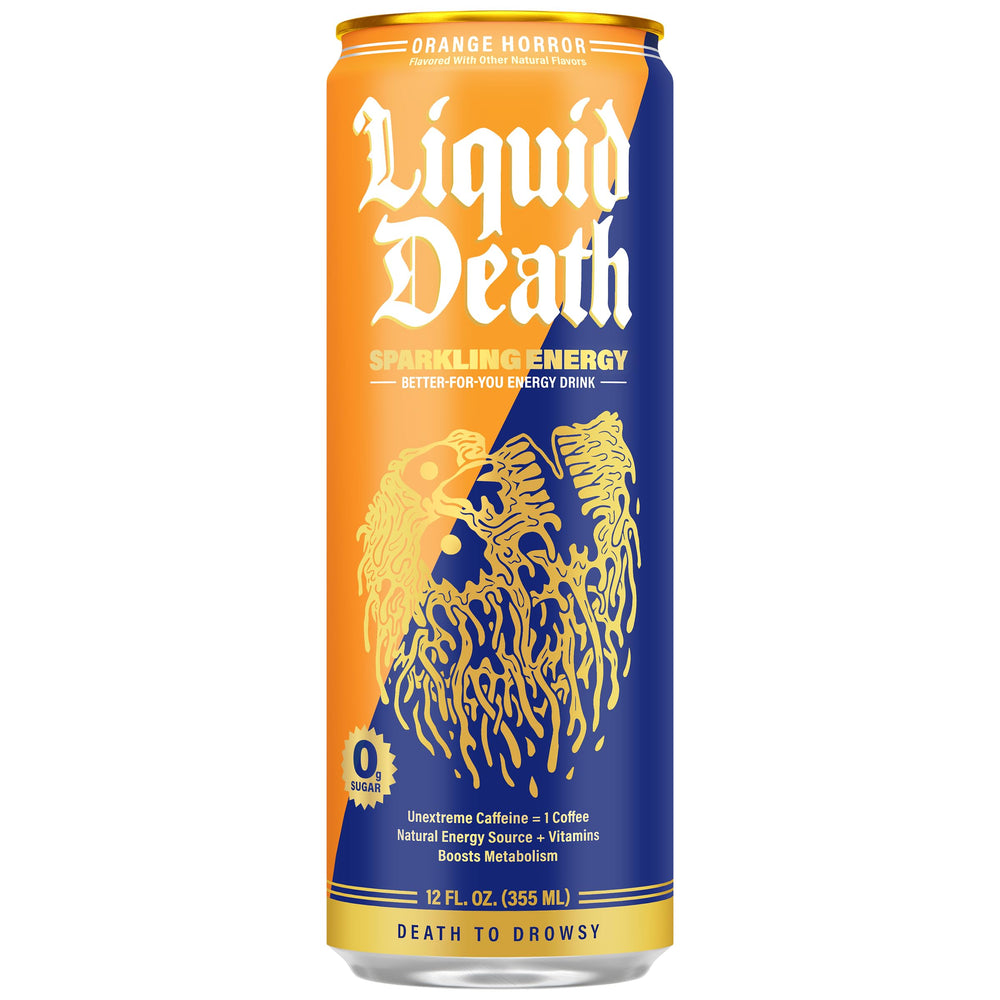 Liquid Death Orange Horror 12-pack cans ready for sharing or on-the-go energy.