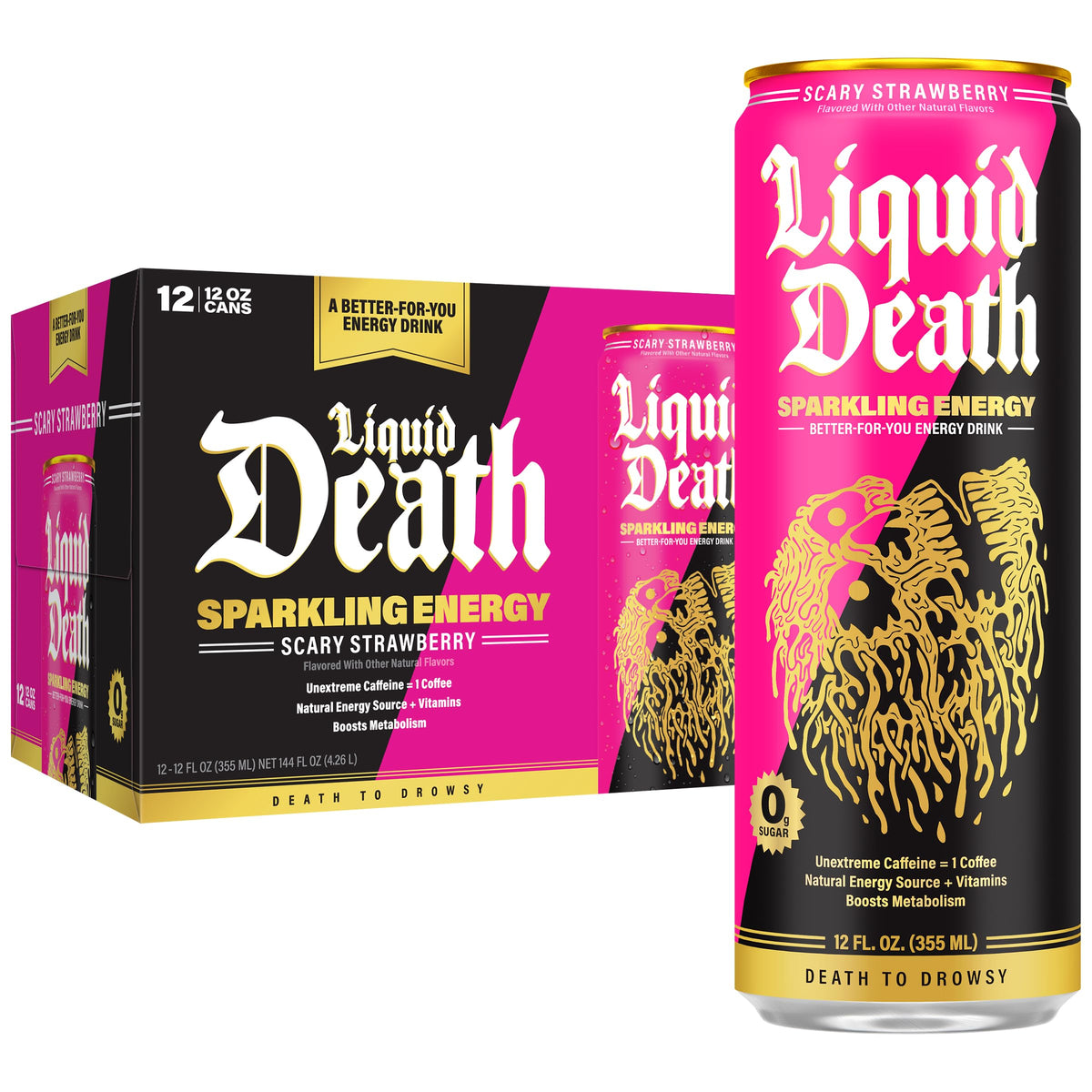 Liquid Death Sparkling Energy Scary Strawberry bottle offers a zero-sugar, refreshing boost.