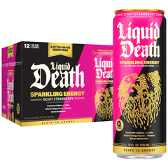 Liquid Death Sparkling Energy Scary Strawberry bottle offers a zero-sugar, refreshing boost.