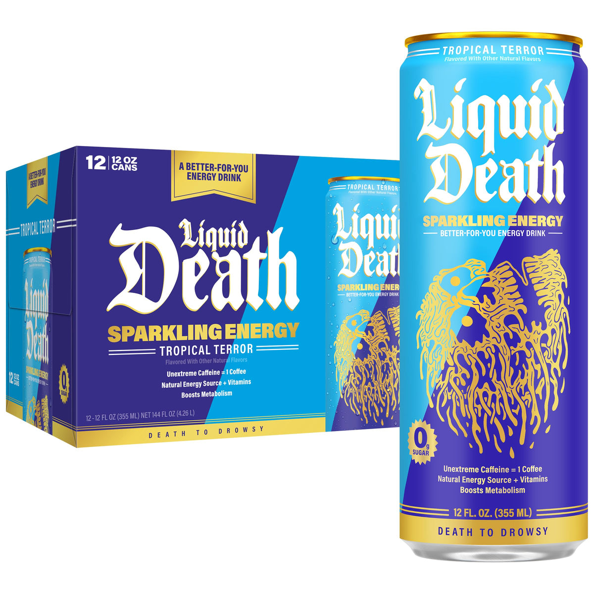 Liquid Death Sparkling Energy Tropical Terror can being poured for a refreshing pineapple coconut twist