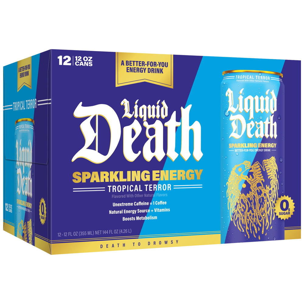 Liquid Death Sparkling Energy can with ingredients panel visible for transparent nutrition